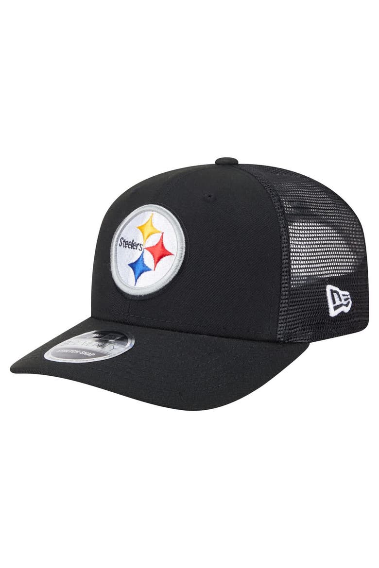Men's New Era Black Pittsburgh Steelers Main Trucker 9SEVENTY Stretch-Snap Hat, Main, color, Black
