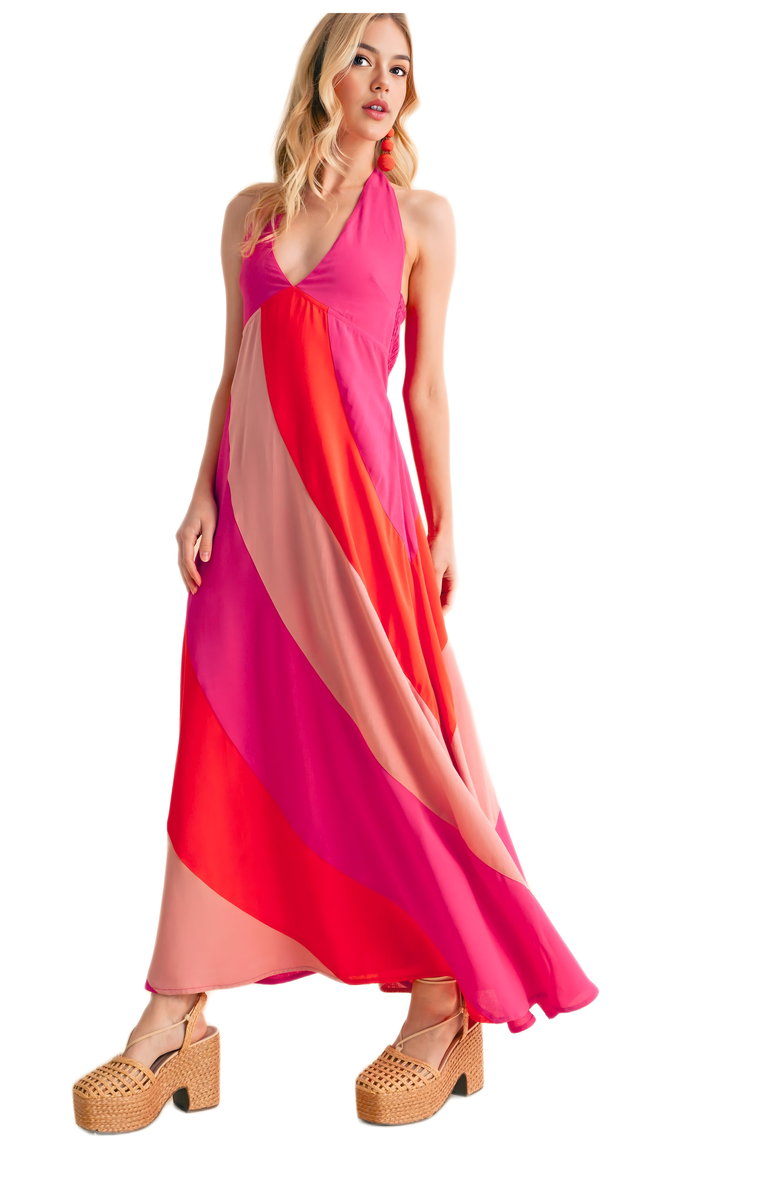 Knit and Lounge Colorblock Halter Neck Maxi Dress, Alternate, color,