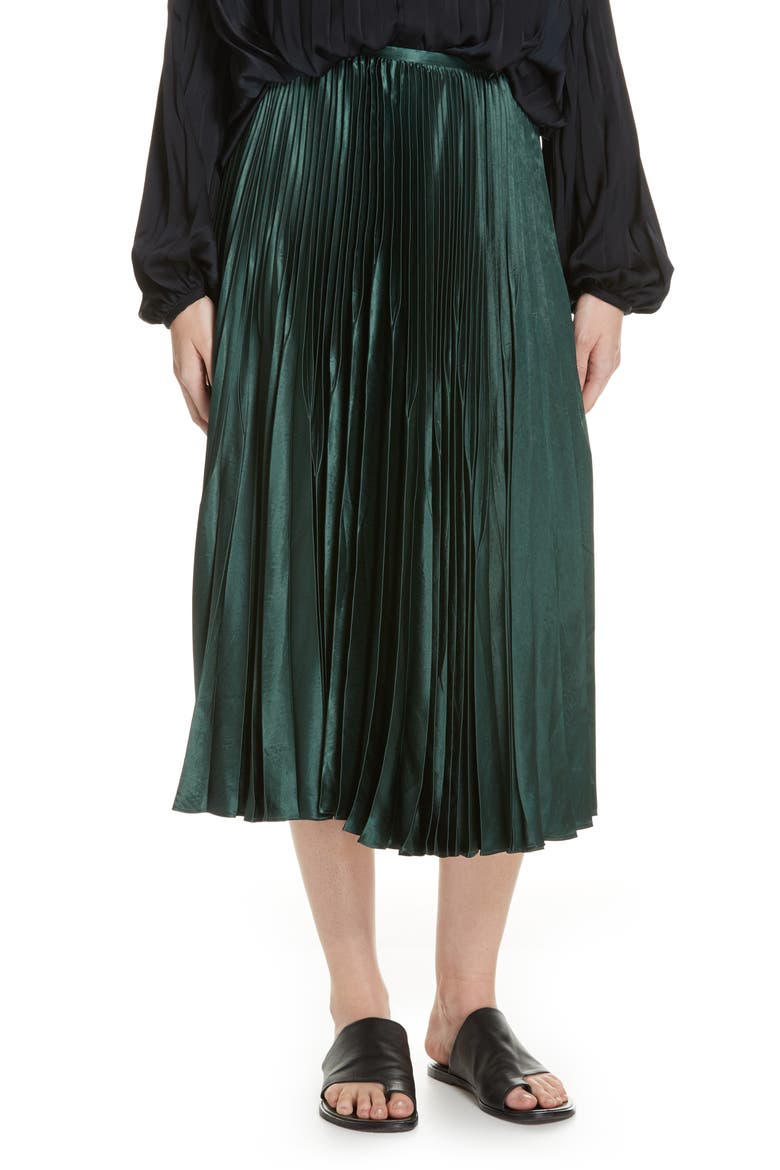 Chevron Pleated Satin Skirt, Main, color, FOREST