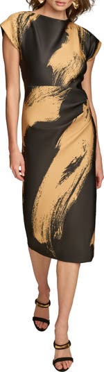 DKNY ★【ドレス】Pleated Sheath Cocktail Dress DKNY Women's Cap Sleeve Pleated Jersey Dress, Cream/Gold, 12