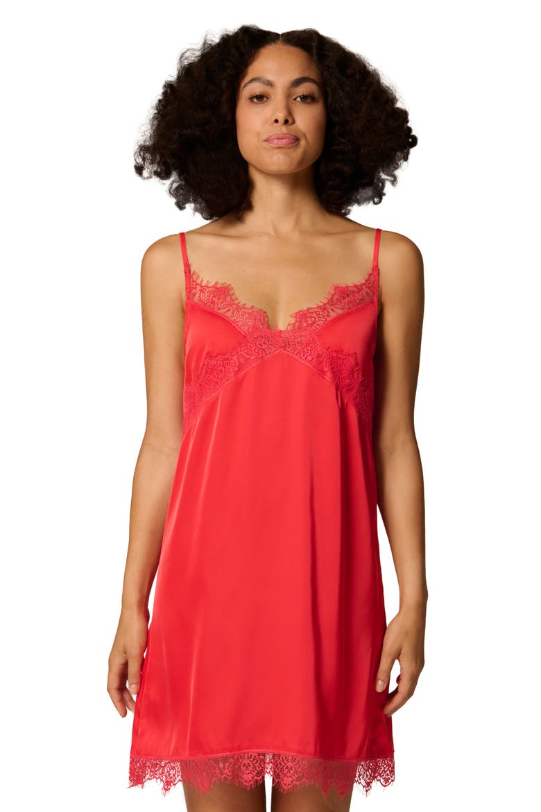 Lace Trim Satin Chemise, Alternate, color, FLAMINGO
