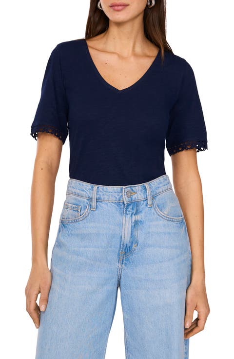 Lace Trim V-Neck Cotton T-Shirt
