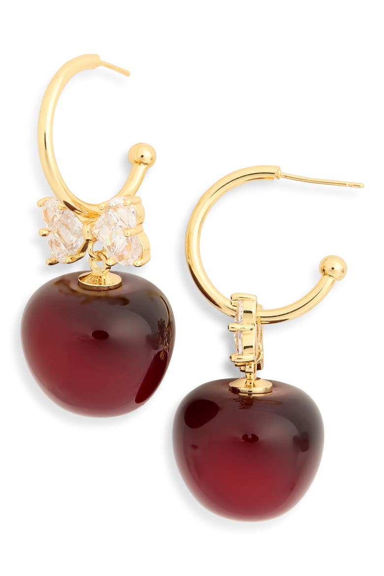 Cherry Bow Drop Huggie Earrings, Alternate, color, RED