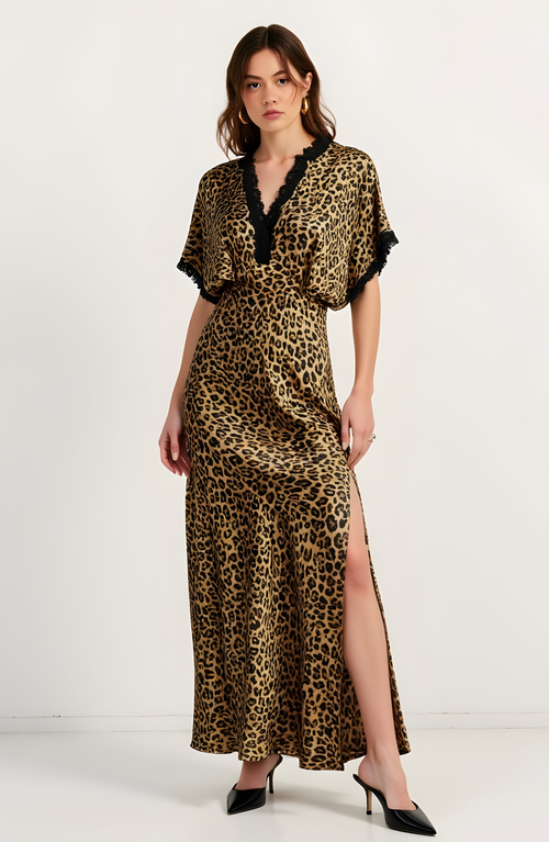 Modenaire Leopard Print Lace-trim V-neck Side-slit Maxi Dress In Multi