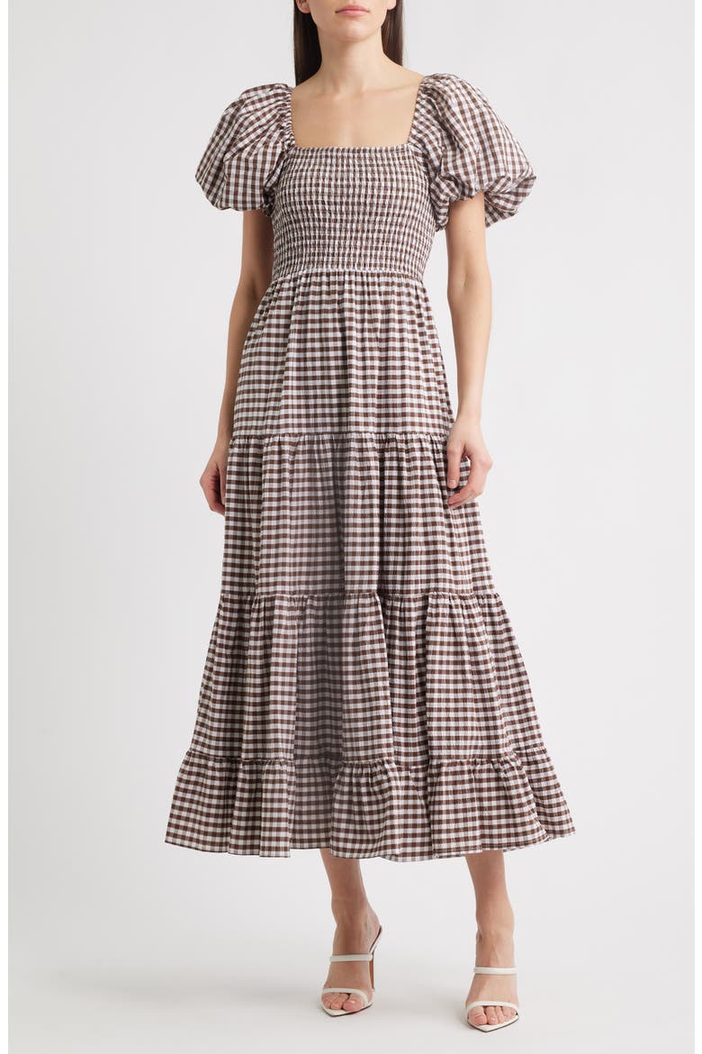 Pollen Gingham Check Midi Dress, Main, color, BROWN
