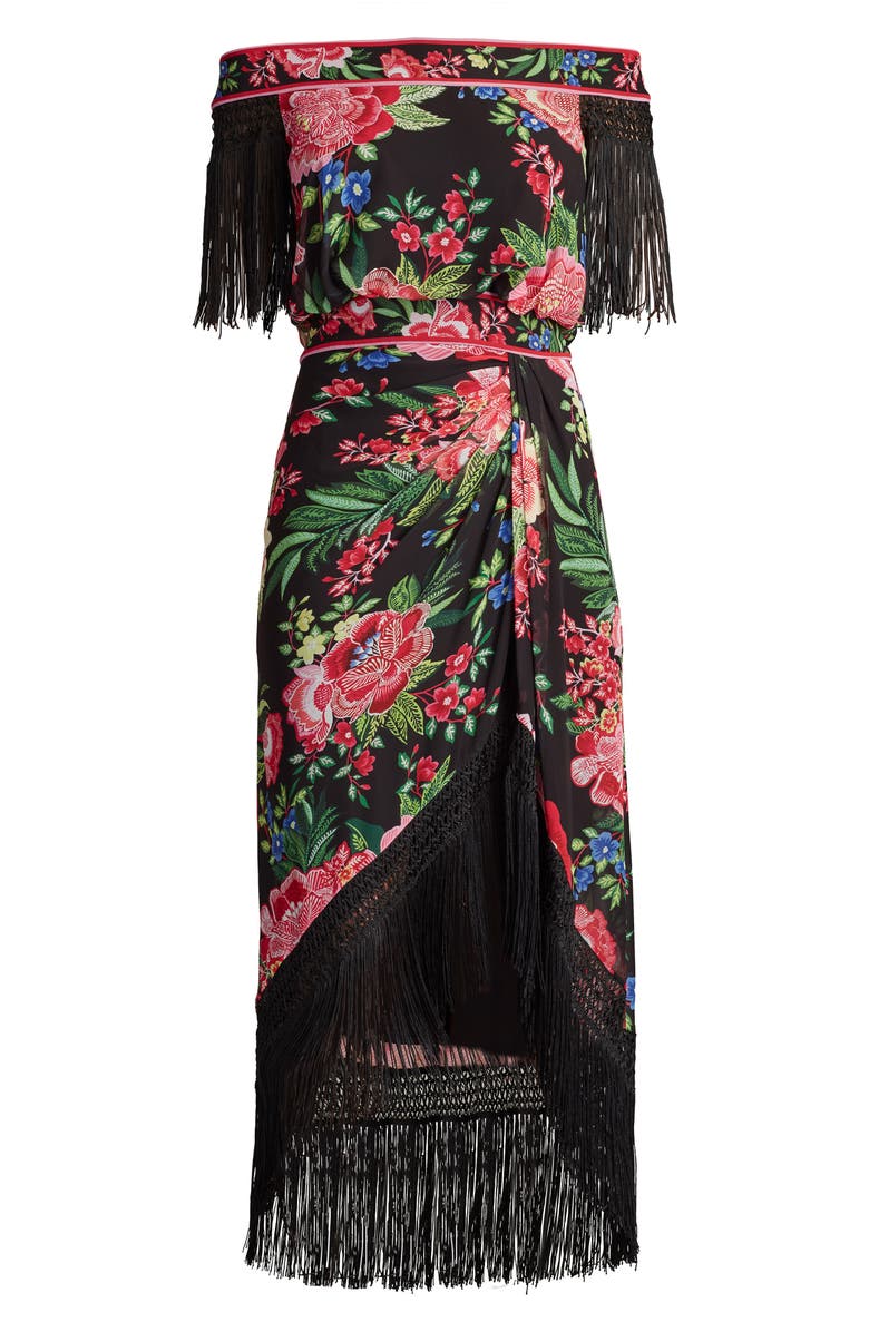 Tadashi Shoji Floral Off the Shoulder Fringe Detail Midi Dress, Alternate, color, Black/ Fuchsia Floral