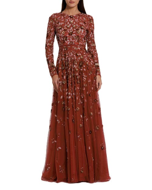 Mac Duggal Embellished High Neck Long Sleeve A Line Gown in Cinnamon 