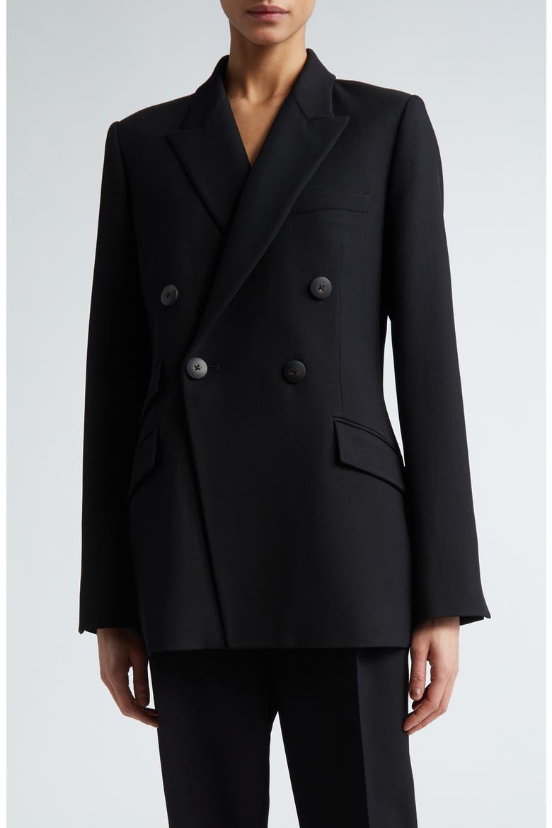 Steph Double Breasted Virgin Wool Blazer, Main, color, BLACK