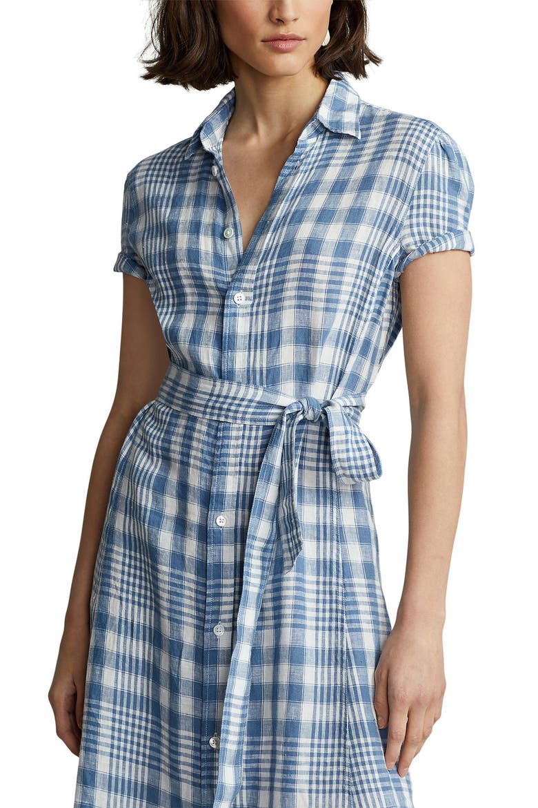 Plaid Short Sleeve Linen Midi Dress, Alternate, color, LIGHT BLUE/ WHITE PLAID