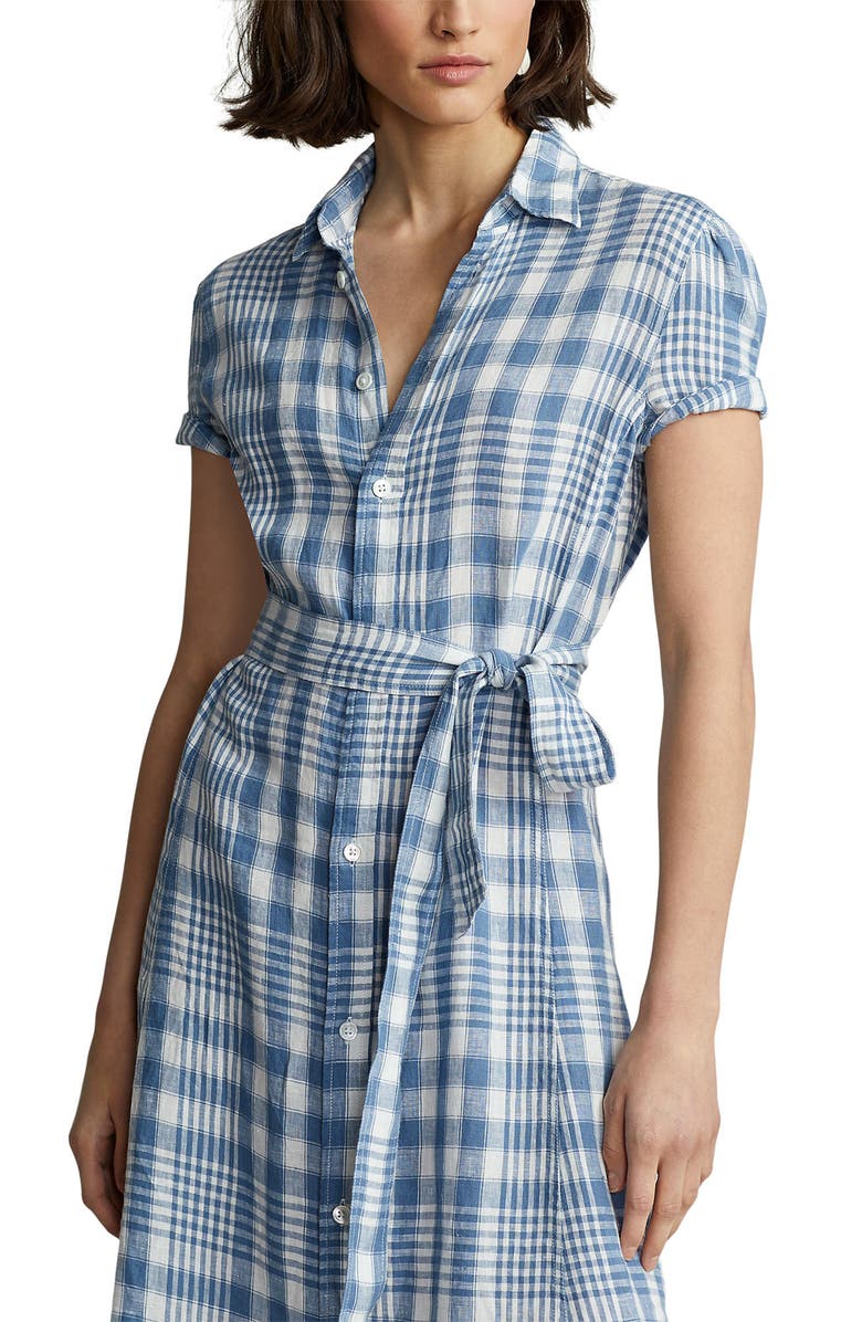 Polo Ralph Lauren Plaid Short Sleeve Linen Midi Dress, Alternate, color,