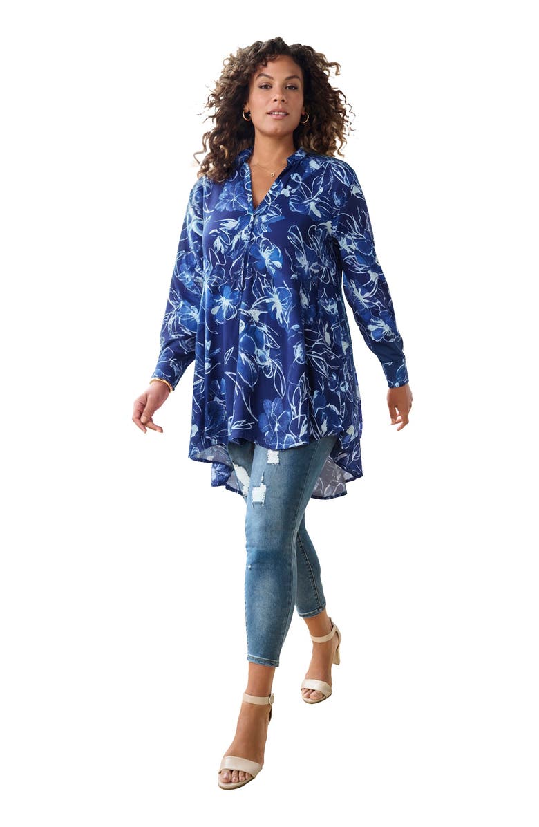 Roaman's Hand Crinkled Fit And Flare Tunic, Main, color, Navy Painterly Roses