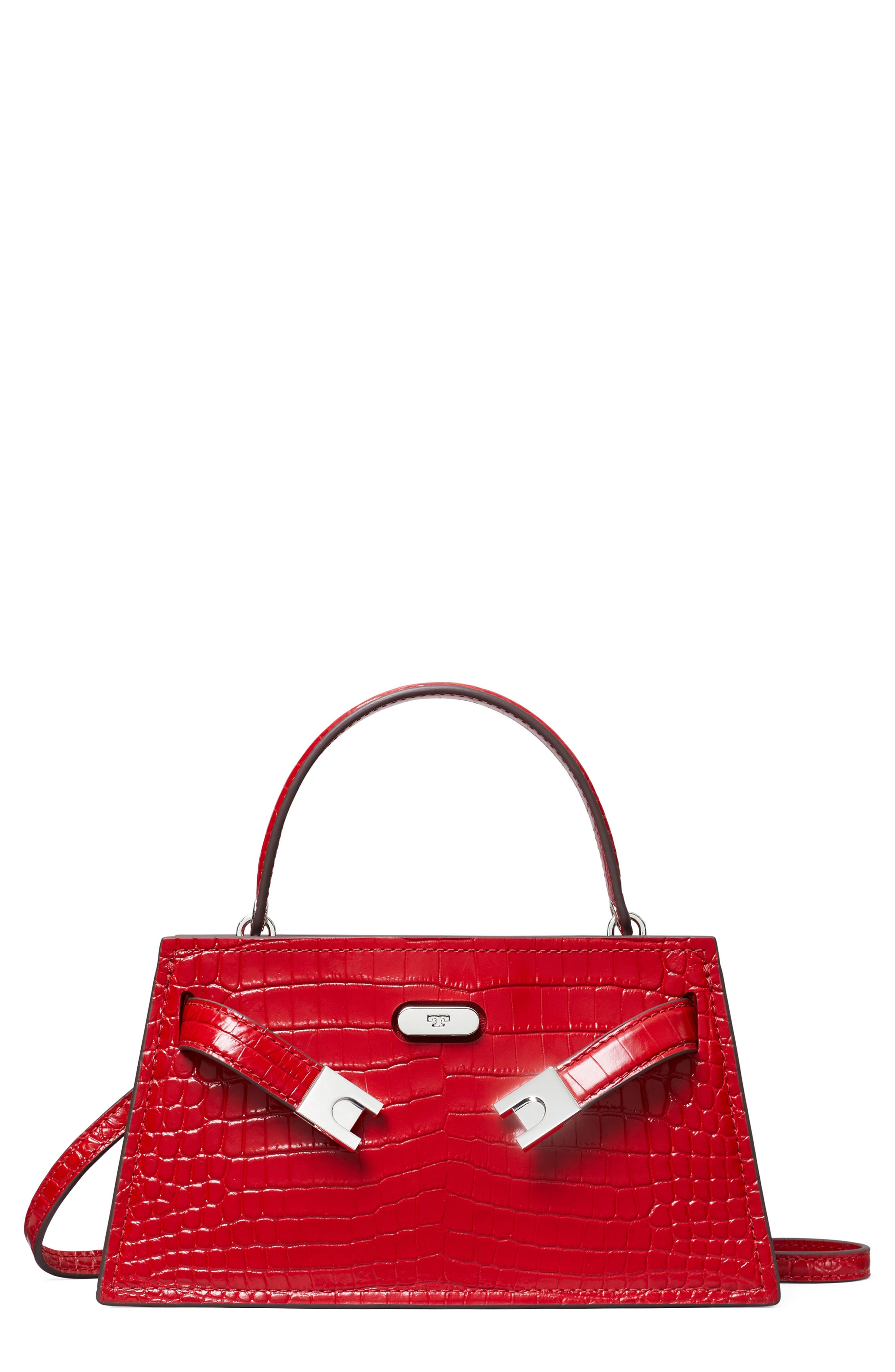 Tory Burch Mini Lee Radziwill Croc Embossed Leather Satchel, Main, color, Red Sky