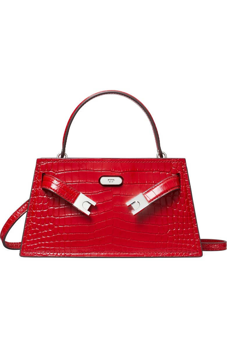 Tory Burch Mini Lee Radziwill Croc Embossed Leather Satchel, Main, color, Red Sky