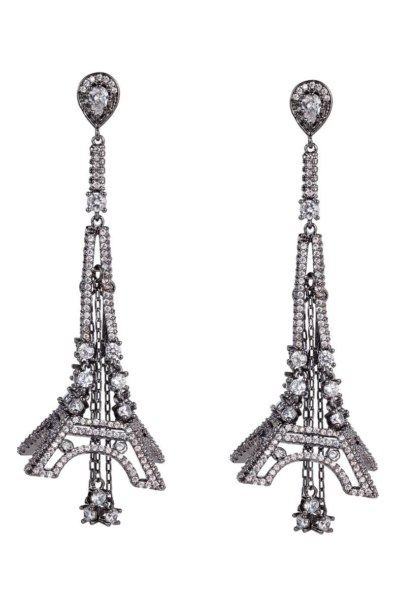 EYE CANDY LOS ANGELES Eiffel Tower CZ Drop Earrings, Main, color, Silver
