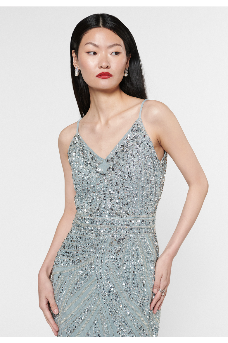 Occasion Embellished Sequin Beaded Strap Evening Dress, Alternate, color, MISTY GREY