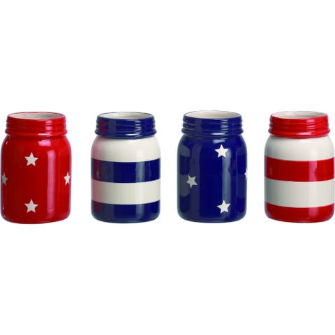 Ceramic Mason Jar Container Set of 4 Patriotic Designs for Home Decor Tabletop Indoor Gift Giving Multicolored