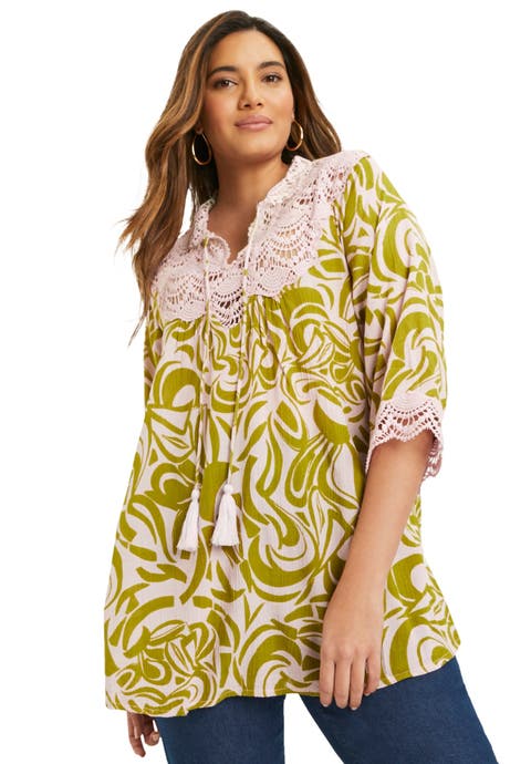 Lace-Trim Crinkle Blouse (Plus Available)