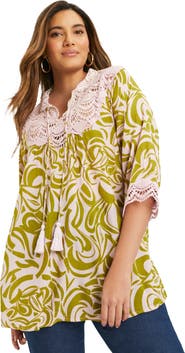 June + Vie Lace Trim Crinkle Blouse