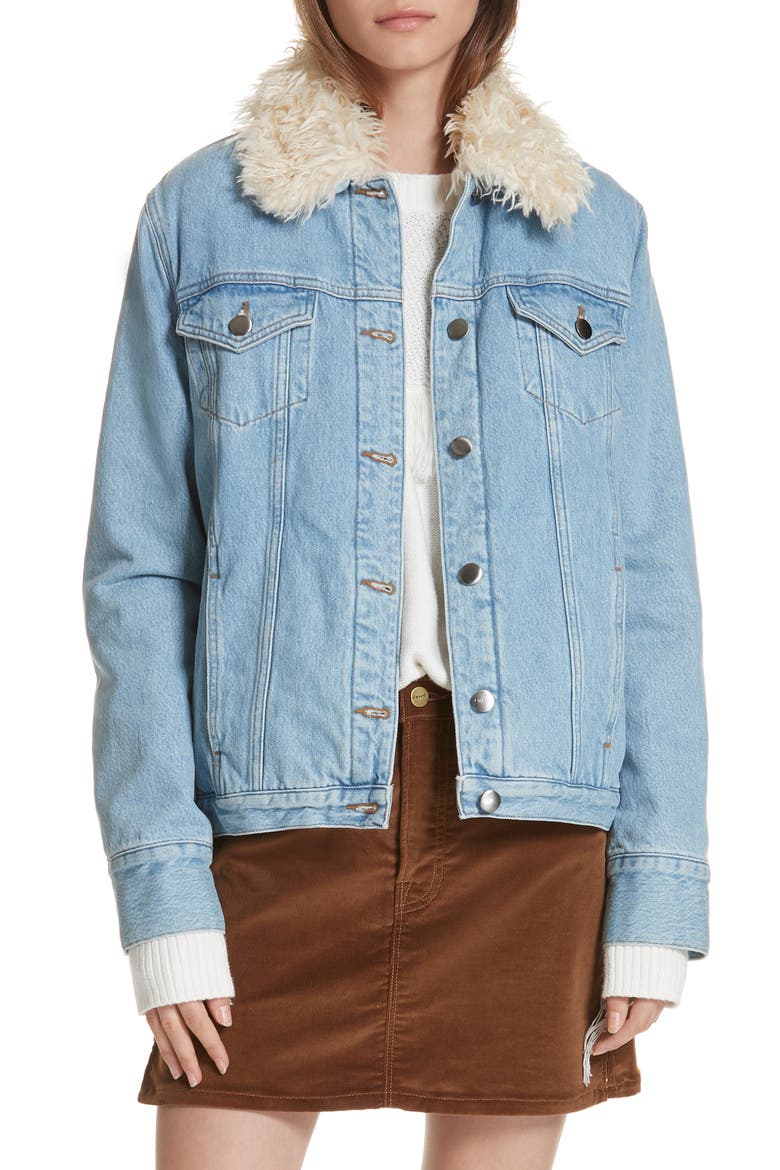Le Curly Faux Shearling Collar Denim Jacket, Main, color, MONROE