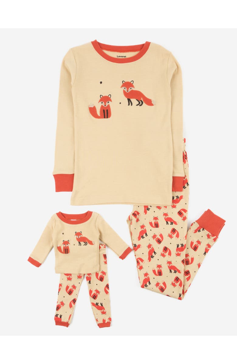 Leveret 2-pc. Cotton Short Sleeve Shirt & Shorts Animal Print Pajama Set with Matching Doll Accessory, Main, color, Fox Orange