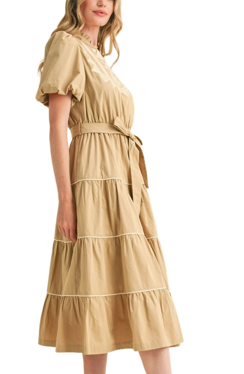 Knit and Lounge Embroidered Tiered Puff-Sleeve Tie-Waist Midi Dress, Alternate, color, 