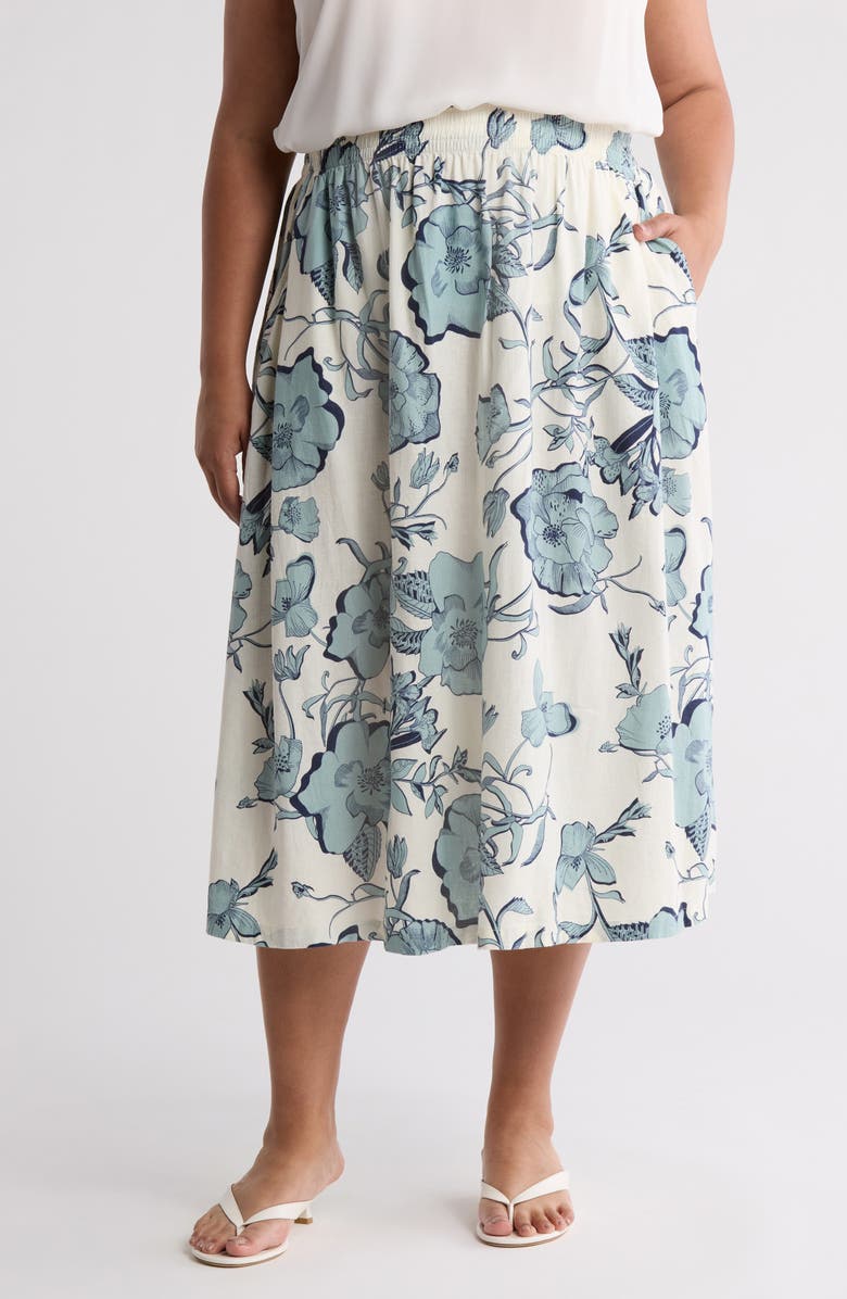 Caslon<sup>®</sup> Floral Linen Blend Pull-On Skirt, Main, color, Ivory-Blue Navy Sketch Floral
