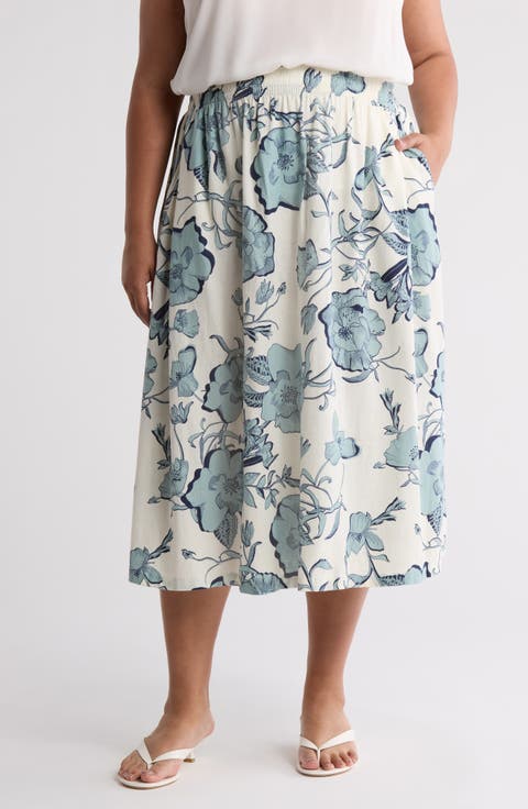 Floral Linen Blend Pull-On Skirt (Plus)