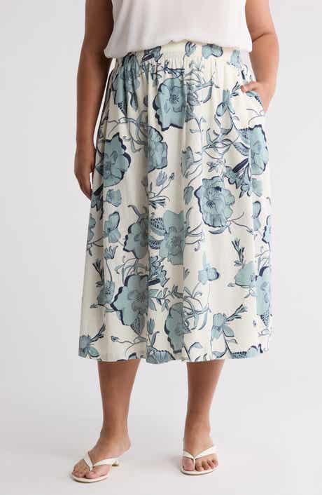 Caslon® Floral Linen Blend Pull-On Skirt