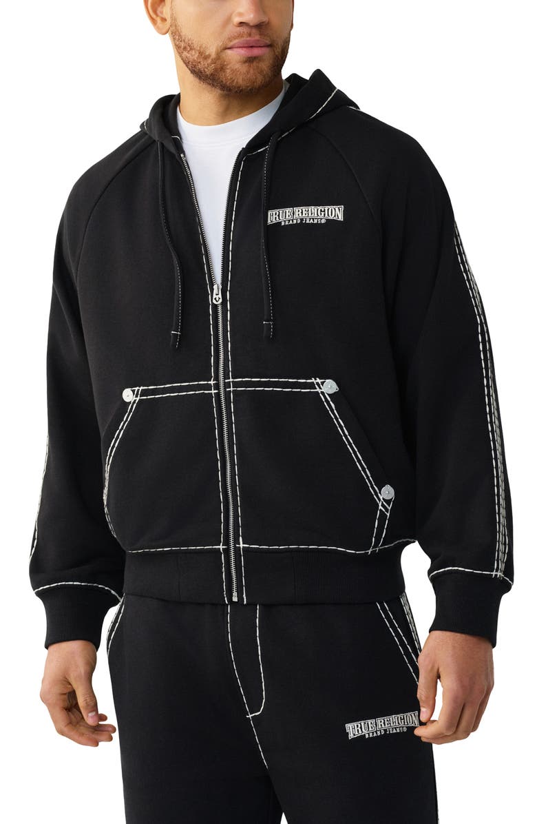 True Religion Super T Boxy Zip-Up Hoodie, Main, color, Jet Black