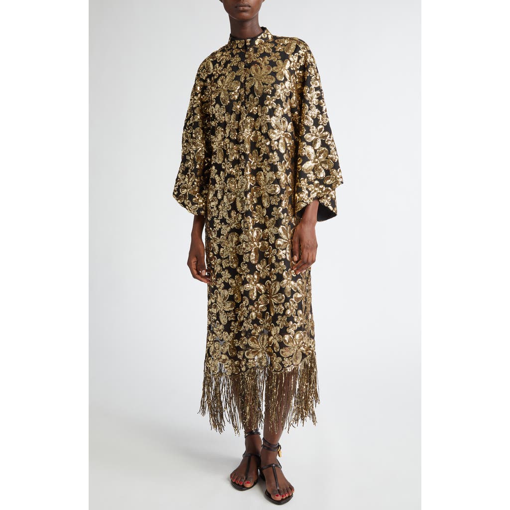 La Vie Style House Sequin Flower Fringe Hem Cover-Up Caftan in Black/Gold