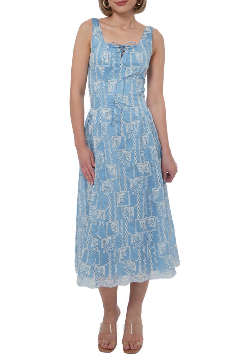 Embroidered Tie Front Midi Dress, Main, color, BLUE/ CREAM