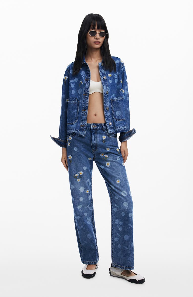 Desigual Floral Embroidered Denim Trucker Jacket, Alternate, color, Medium Blue