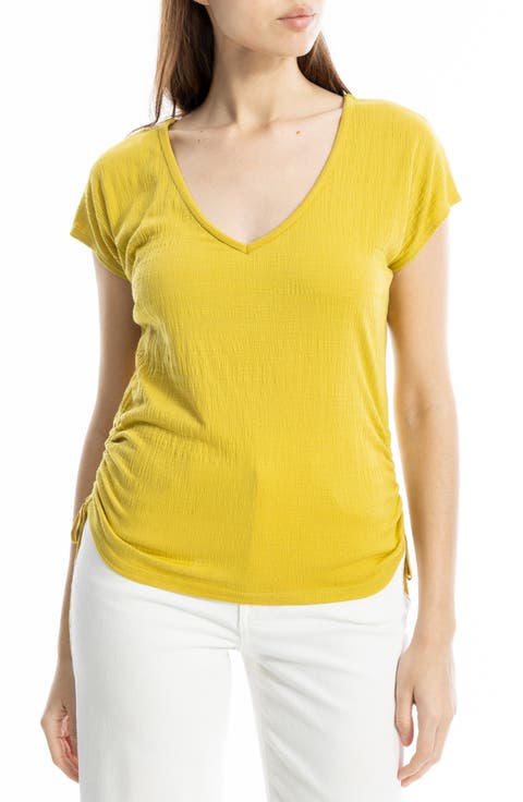 Cap Sleeve Ruched Crinkled Knit Top
