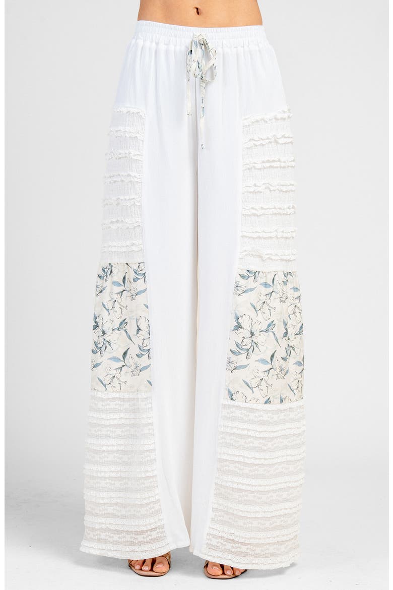 Crepon 3D Lace Mixed Media Wide Leg Pants, Main, color, CREAM