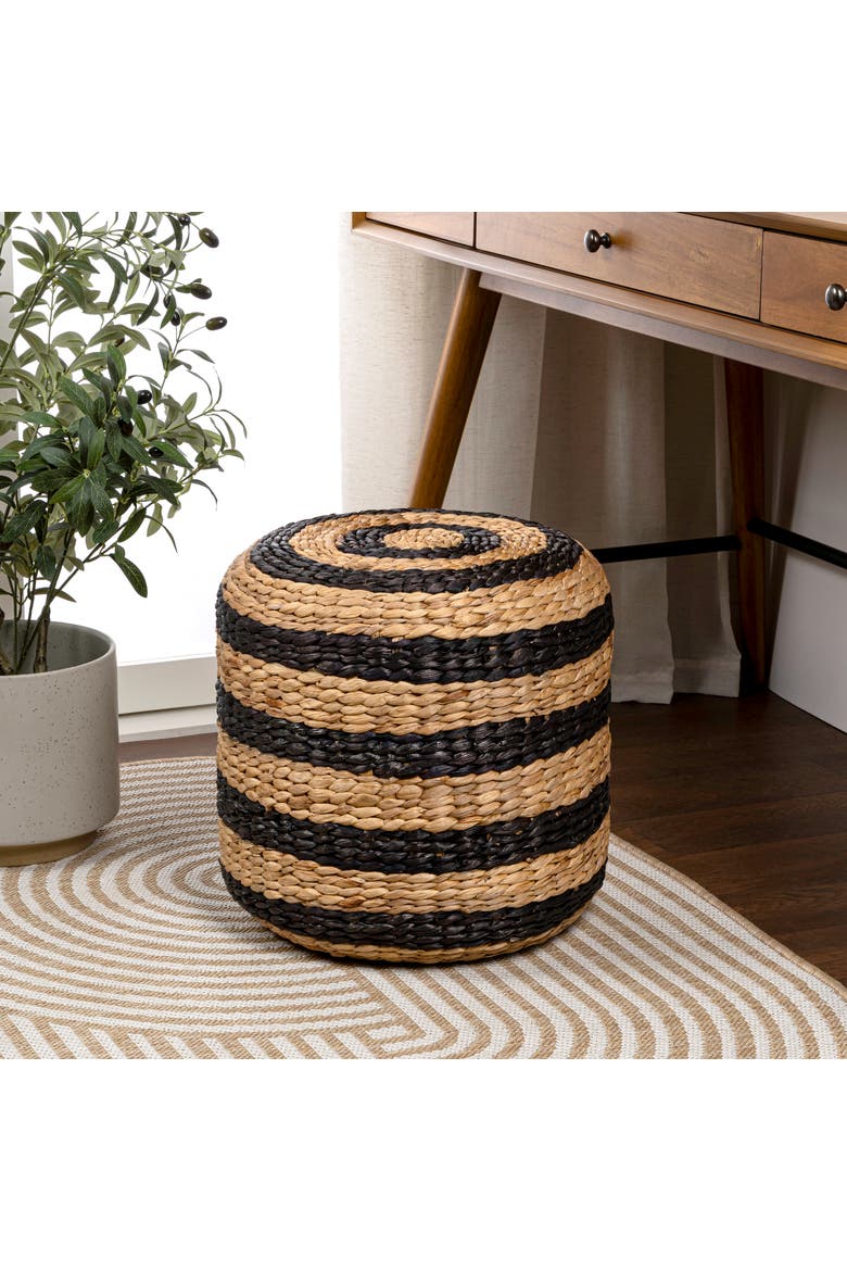 Aimee Bohemian Handwoven Water Hyacinth Round Floor Pouf Ottoman Accent Seat and Footstool for Living Room, Alternate, color, Black/Natural (Stripes)