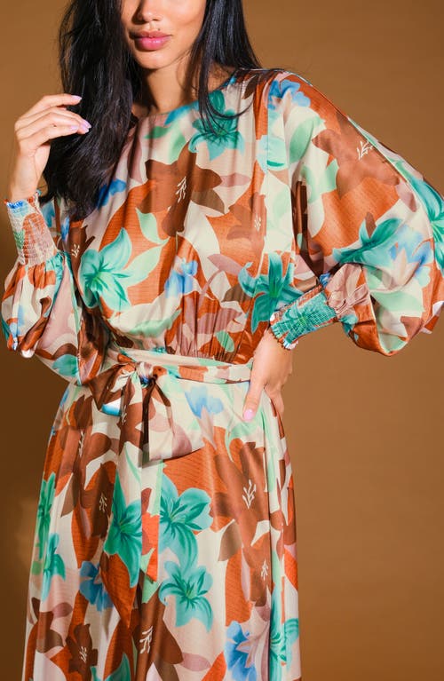 Flying Tomato Bishop Sleeve Satin Midi Dress In Rust Teal