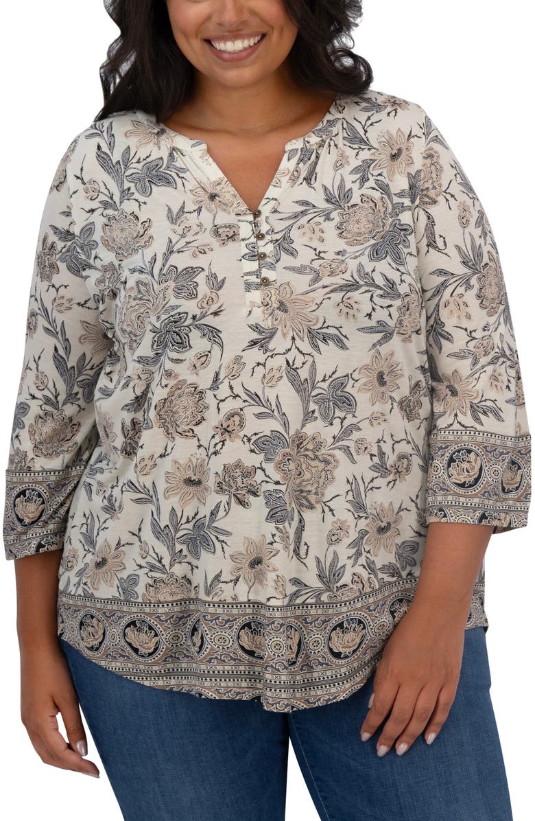 Lucky Brand Border Print Top, Main, color, Black/ Cream Multi
