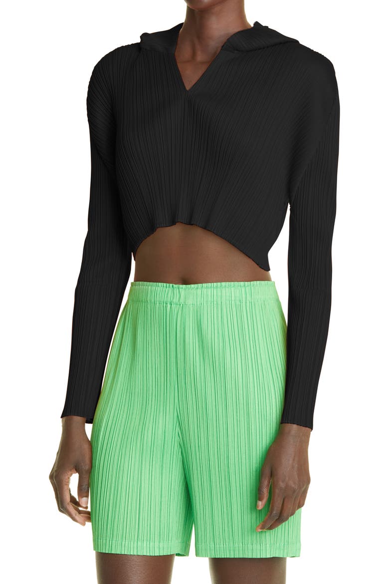 Pleated Crop Hoodie, Alternate, color, BLACK