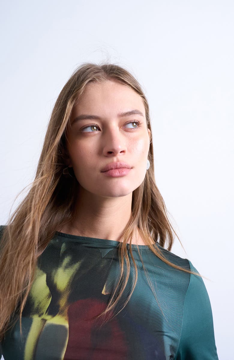 Topshop Abstract Floral Print Boat Neck Top, Alternate, color, Dark Green