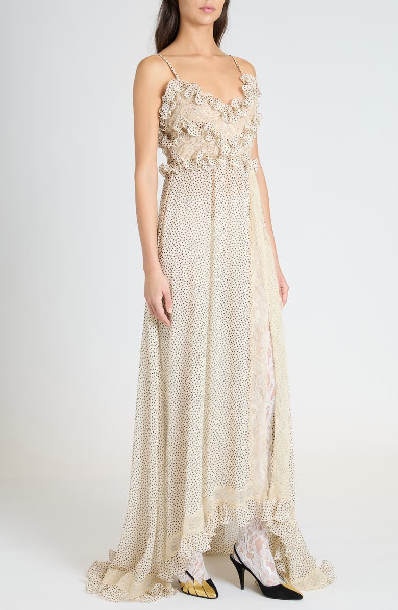 Valentino Garavani Polka Dot Ruffle Silk Georgette Gown, Alternate, color, Betulla/ Nero