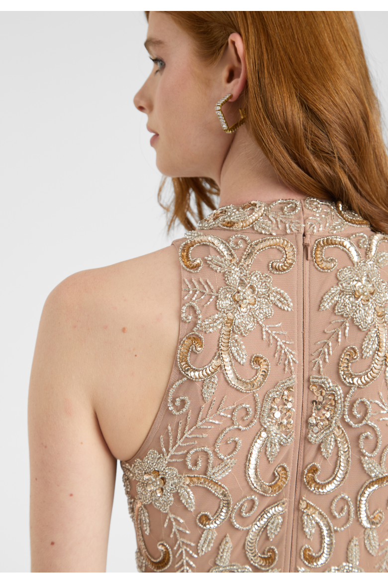 Embellished Sequin Beaded Maxi Dress With High Neckline With Sleeveless Design, Alternate, color, TAUPE BLUSH