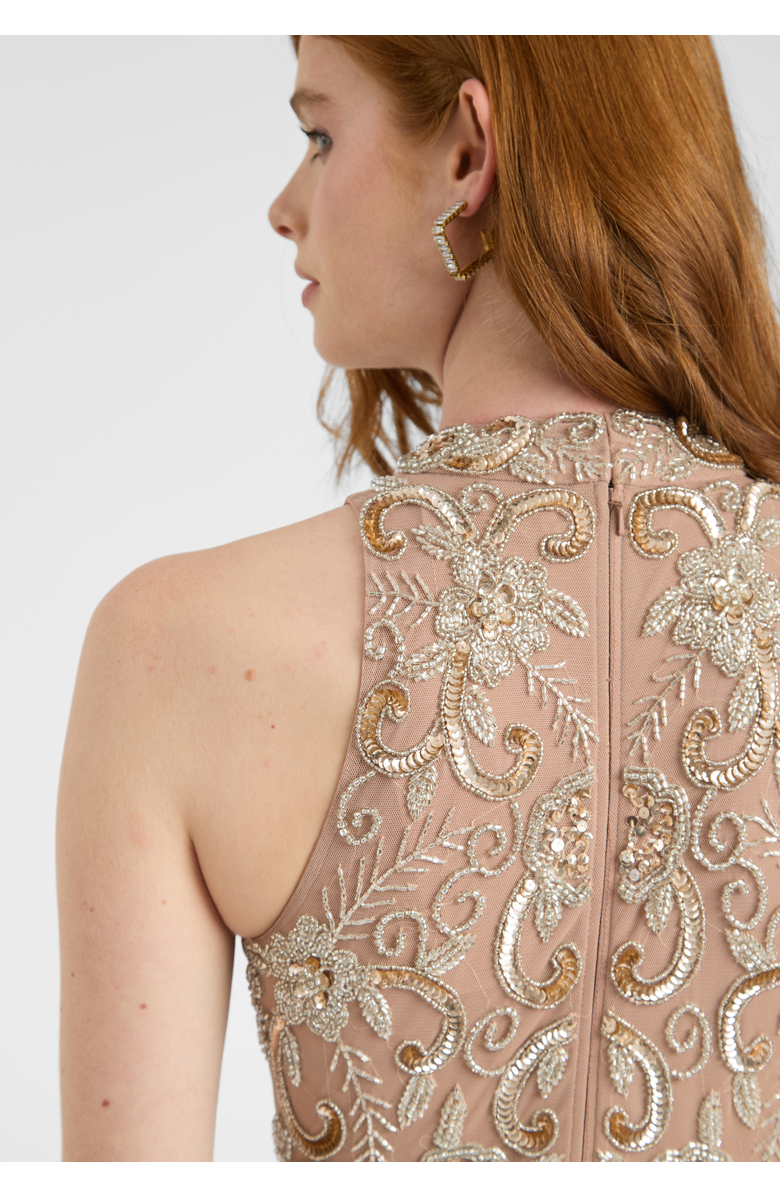 BEAUUT Embellished Sequin Beaded Maxi Dress With High Neckline With Sleeveless Design, Alternate, color, Taupe Blush