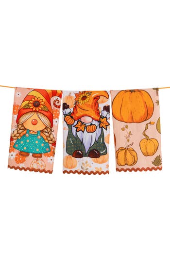 Tiramisu 3pc Autumn Harvest Gnome Artisan Kitchen Tea Towel Set In Multi