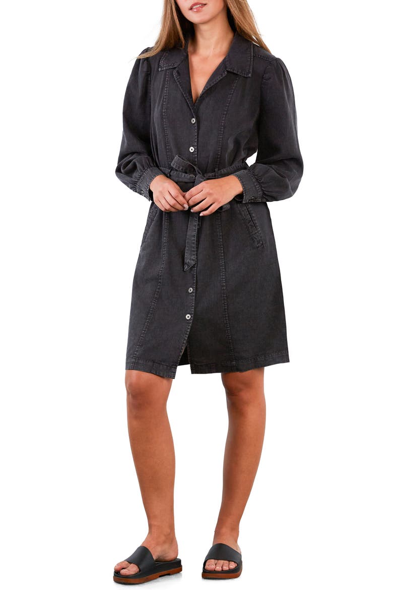 Sweet Fade Tie Waist Denim Shirtdress, Main, color, GREY FADE