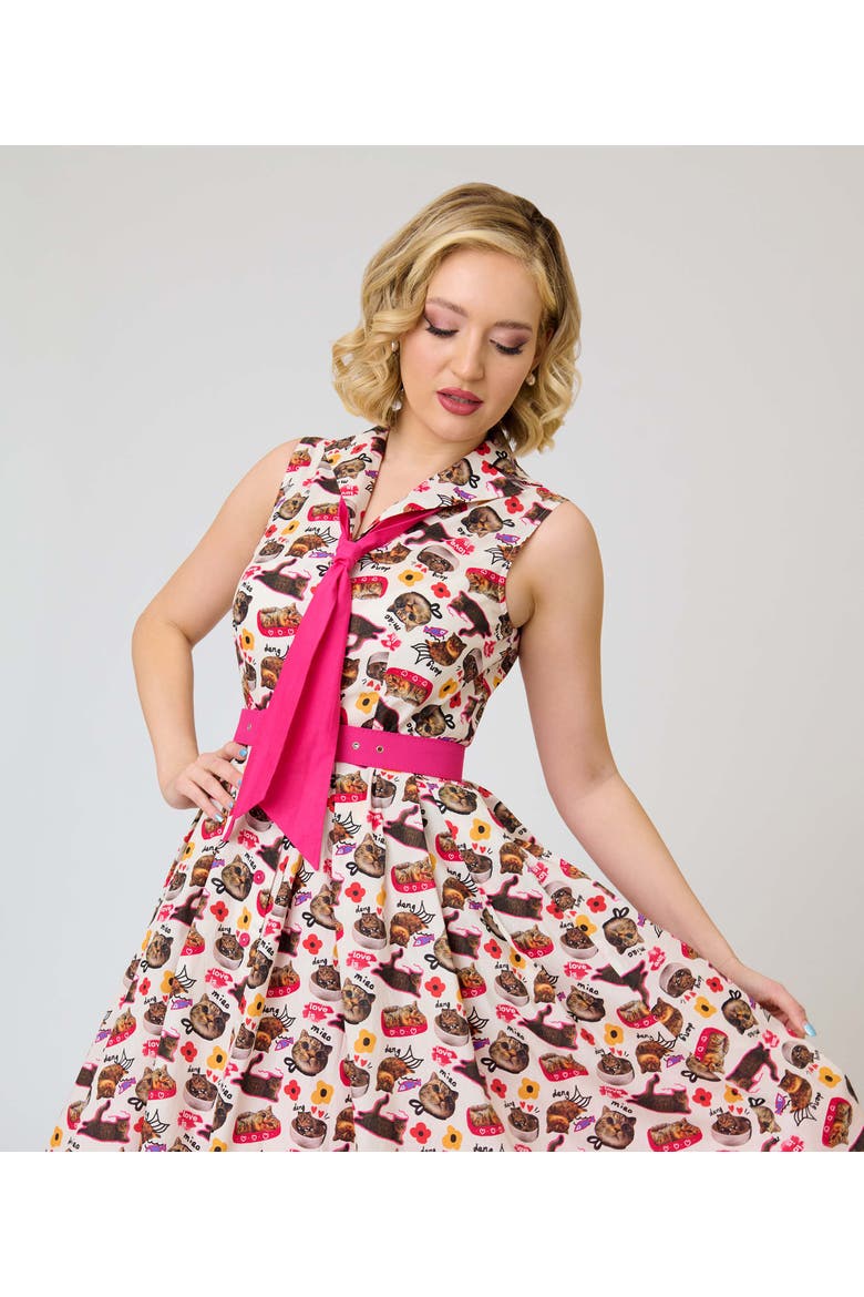 1950s Edith Swing Dress, Alternate, color, White Cat Print