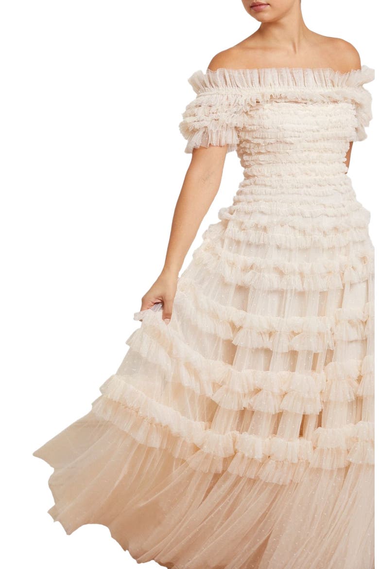 Lisette Ruffle Off Shoulder Gown, Main, color, Champagne