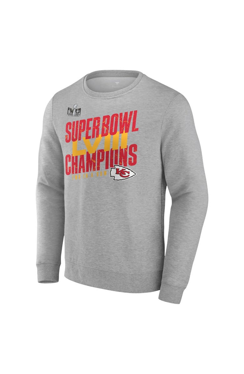 FANATICS Men's Fanatics Branded Heather Gray Kansas City Chiefs Super Bowl LVIII Champions Iconic Victory Crewneck Pullover, Alternate, color, 