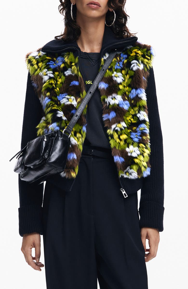 Desigual Lyon Faux Fur Mixed Media Knit Jacket, Main, color, 