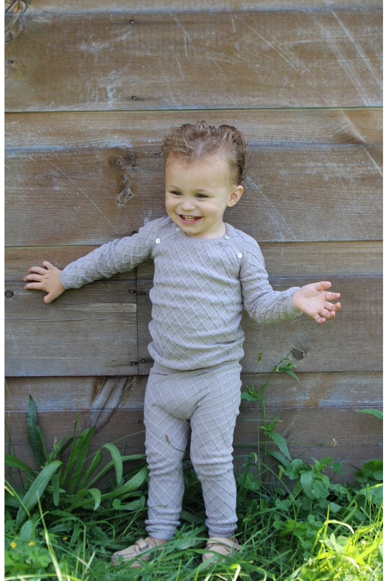 Diamond Stitch Cotton Long Sleeve Top & Footed Pants Set, Alternate, color, BEIGE