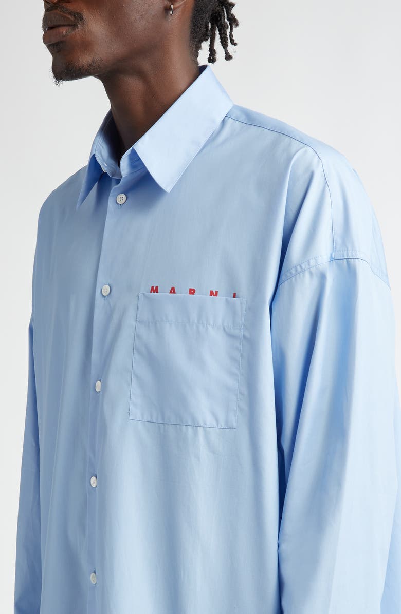 Marni Peeping Logo Organic Cotton Poplin Button-Up Shirt, Alternate, color, Iris/ Blue